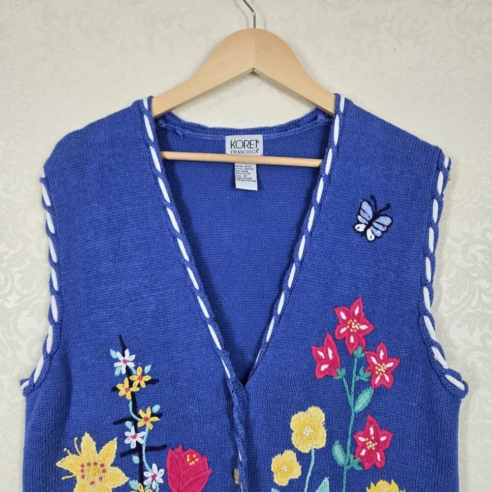 Vintage Koret Francisca Sweater Vest M Blue Floral Embroider Garden Cottagecore
